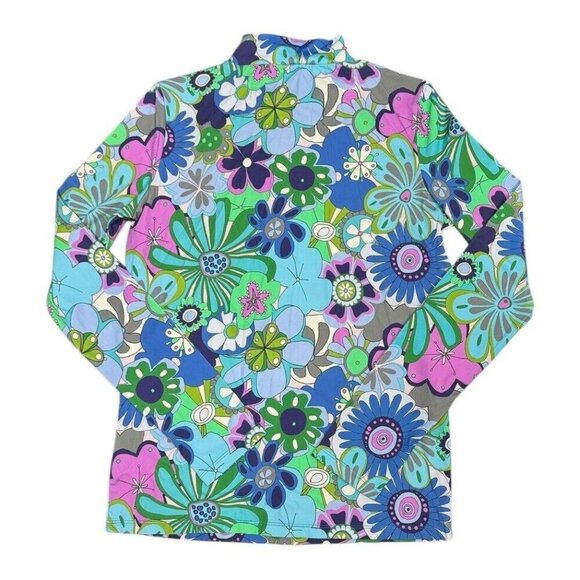 Celia B Sz XL Top Blue Rinnes Floral Retro Long Sleeve Mock Collar CeliaB New - Picture 4 of 6